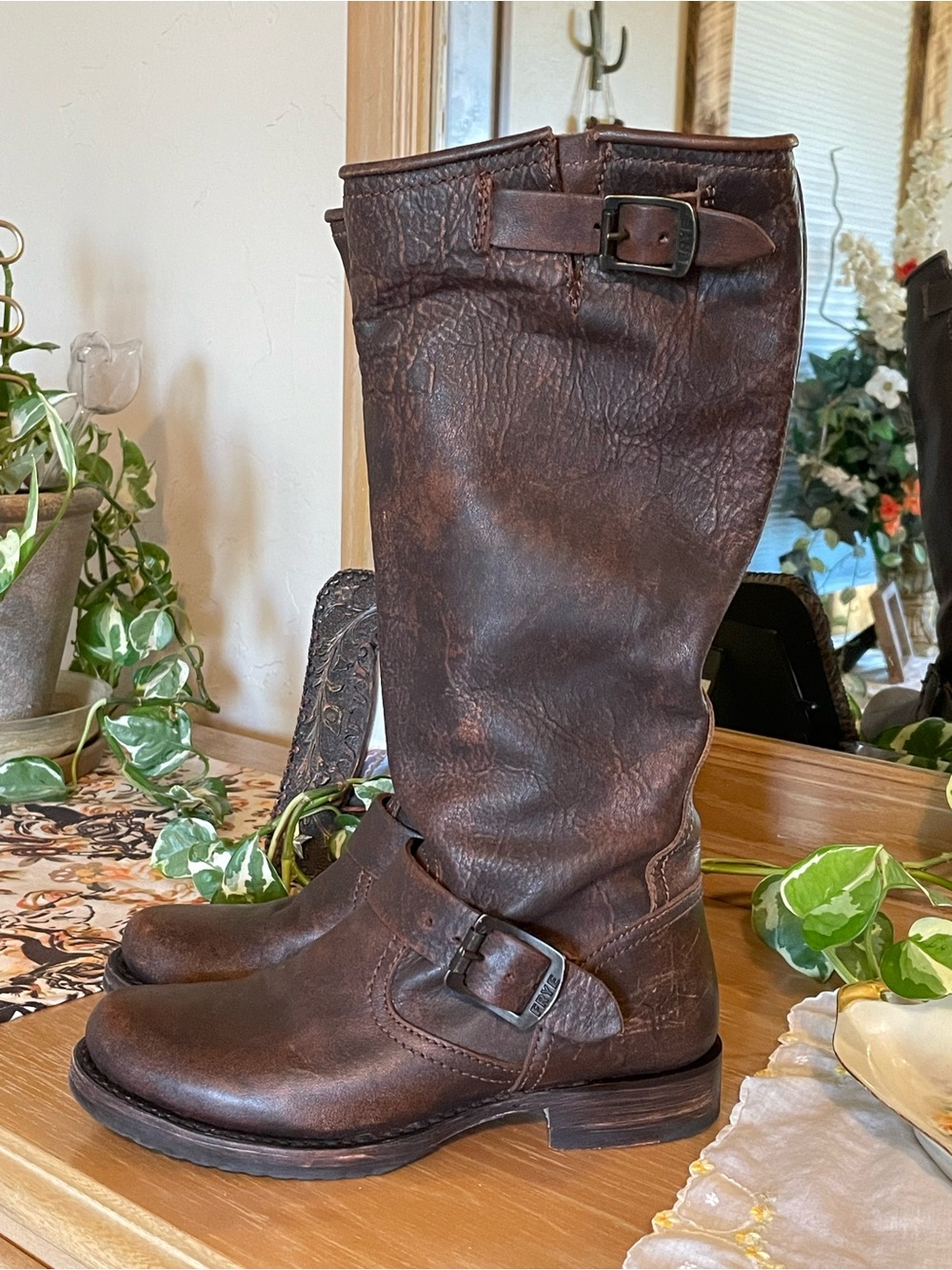 Frye Brown Leather Mid-Calf Buckle Heeled Boots